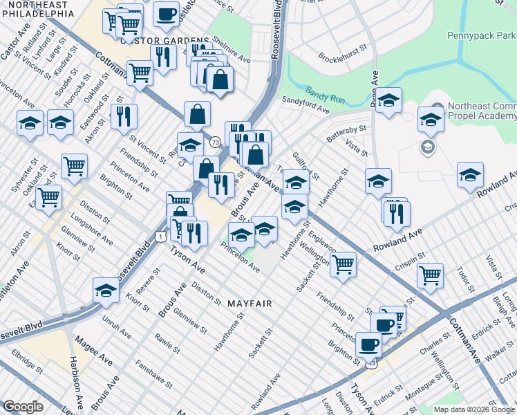 map of restaurants, bars, coffee shops, grocery stores, and more near 7257 Brous Avenue in Philadelphia