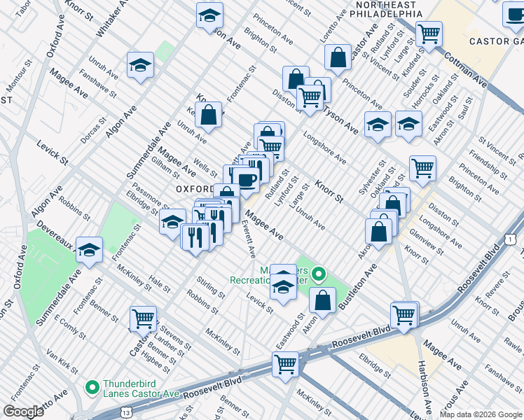 map of restaurants, bars, coffee shops, grocery stores, and more near 6650 Rutland Street in Philadelphia