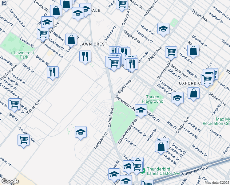 map of restaurants, bars, coffee shops, grocery stores, and more near 6202 Pennsylvania 232 in Philadelphia