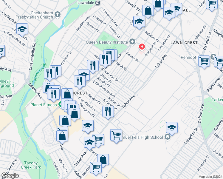 map of restaurants, bars, coffee shops, grocery stores, and more near 557 1/2 Rosalie Street in Philadelphia