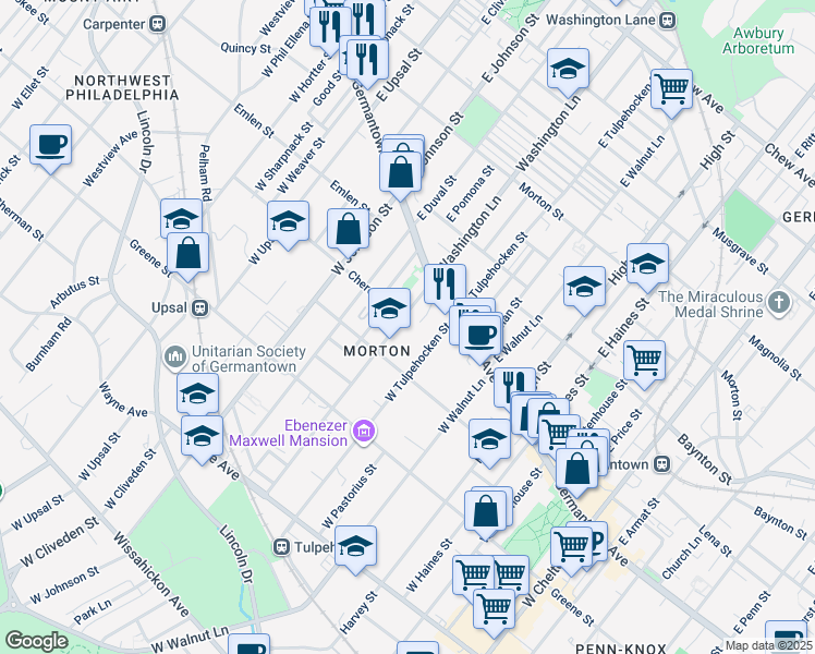 map of restaurants, bars, coffee shops, grocery stores, and more near 62 West Washington Lane in Philadelphia