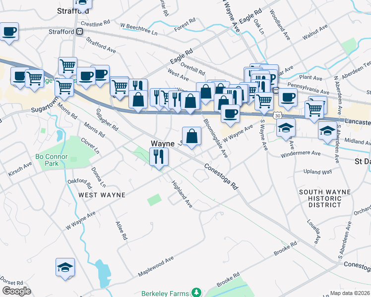 map of restaurants, bars, coffee shops, grocery stores, and more near 224 Lenoir Avenue in Wayne