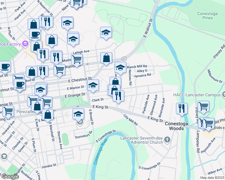 map of restaurants, bars, coffee shops, grocery stores, and more near 999 East Orange Street in Lancaster