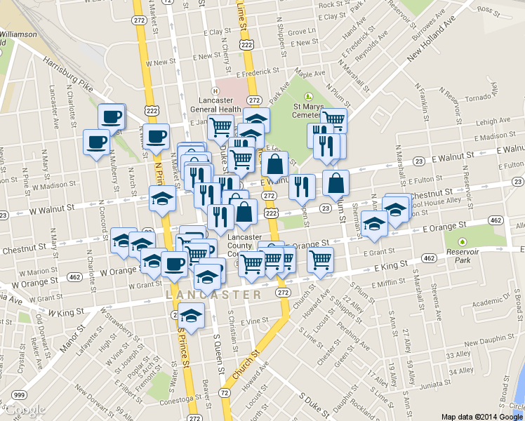 map of restaurants, bars, coffee shops, grocery stores, and more near 223 North Lime Street in Lancaster