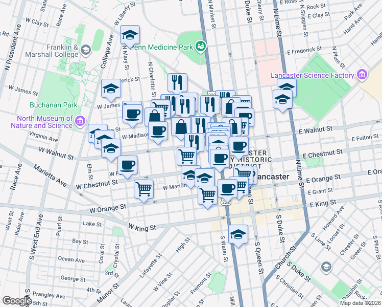 map of restaurants, bars, coffee shops, grocery stores, and more near 251 West Walnut Street in Lancaster