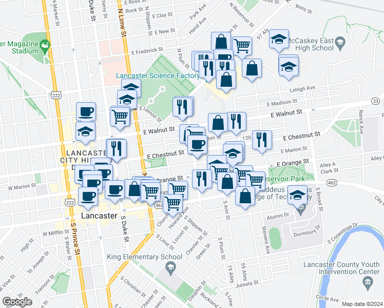 map of restaurants, bars, coffee shops, grocery stores, and more near 152 North Plum Street in Lancaster