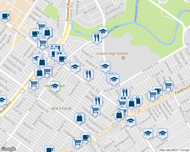 map of restaurants, bars, coffee shops, grocery stores, and more near 3132 Guilford Street in Philadelphia