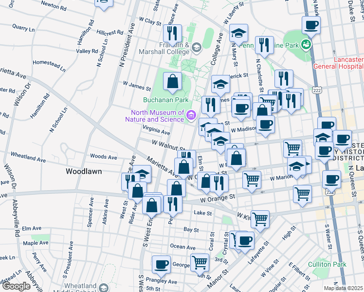 map of restaurants, bars, coffee shops, grocery stores, and more near 825 West Walnut Street in Lancaster