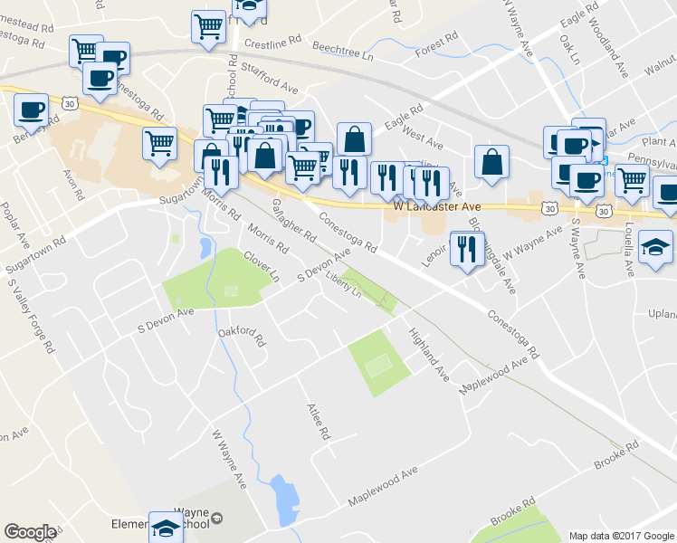 map of restaurants, bars, coffee shops, grocery stores, and more near 304 Liberty Lane in Wayne
