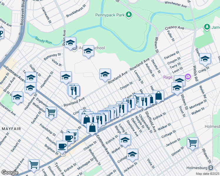 map of restaurants, bars, coffee shops, grocery stores, and more near 3317 Shelmire Avenue in Philadelphia