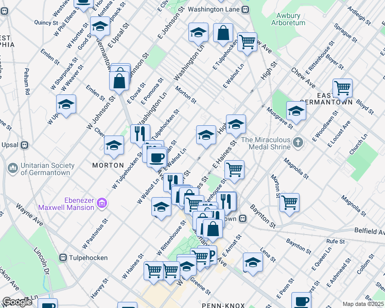 map of restaurants, bars, coffee shops, grocery stores, and more near 6015 Baynton Street in Philadelphia