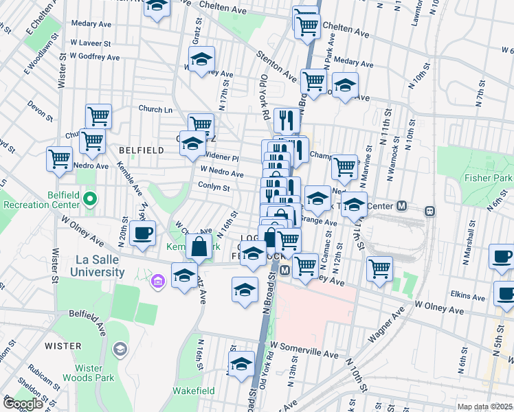 map of restaurants, bars, coffee shops, grocery stores, and more near 5815 North 15th Street in Philadelphia