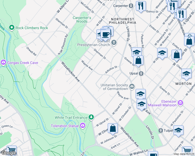 map of restaurants, bars, coffee shops, grocery stores, and more near 6657 Wayne Avenue in Philadelphia