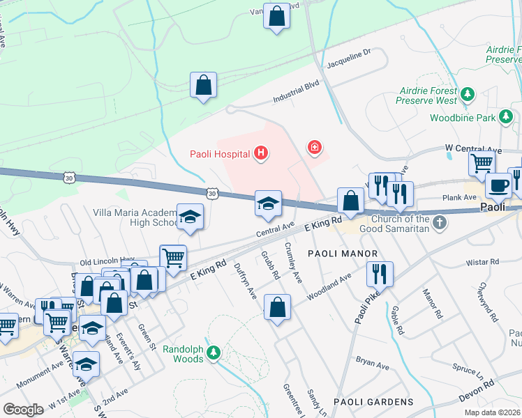map of restaurants, bars, coffee shops, grocery stores, and more near 275 Lancaster Avenue in Malvern