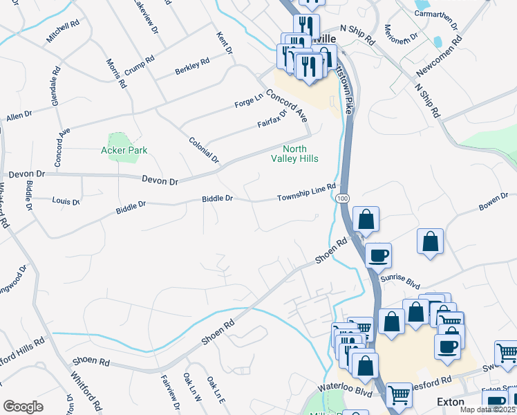 map of restaurants, bars, coffee shops, grocery stores, and more near 124 Township Line Road in Exton