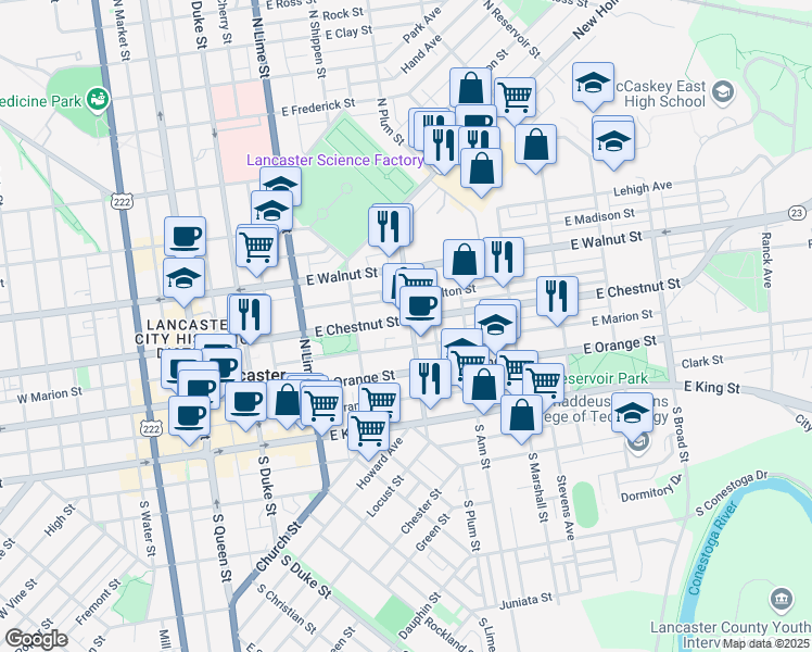 map of restaurants, bars, coffee shops, grocery stores, and more near 360 East Chestnut Street in Lancaster