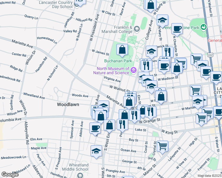 map of restaurants, bars, coffee shops, grocery stores, and more near 924 West Walnut Street in Lancaster