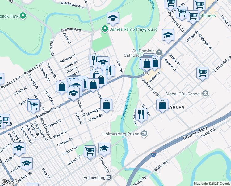 map of restaurants, bars, coffee shops, grocery stores, and more near 4119 Stanwood Street in Philadelphia