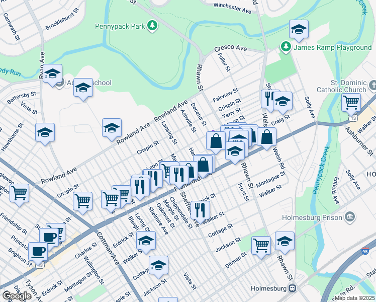 map of restaurants, bars, coffee shops, grocery stores, and more near 3508 Hartel Avenue in Philadelphia