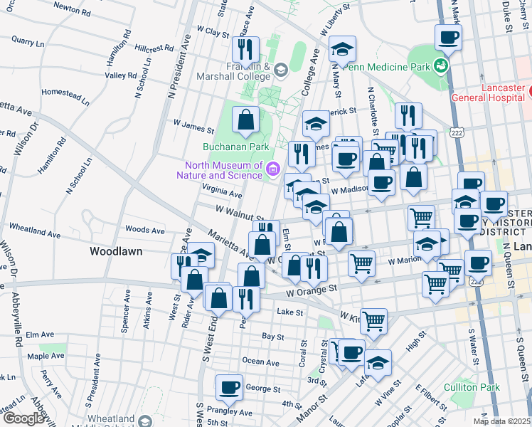 map of restaurants, bars, coffee shops, grocery stores, and more near 350 College Avenue in Lancaster