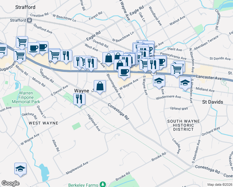 map of restaurants, bars, coffee shops, grocery stores, and more near 127 Bloomingdale Avenue in Wayne
