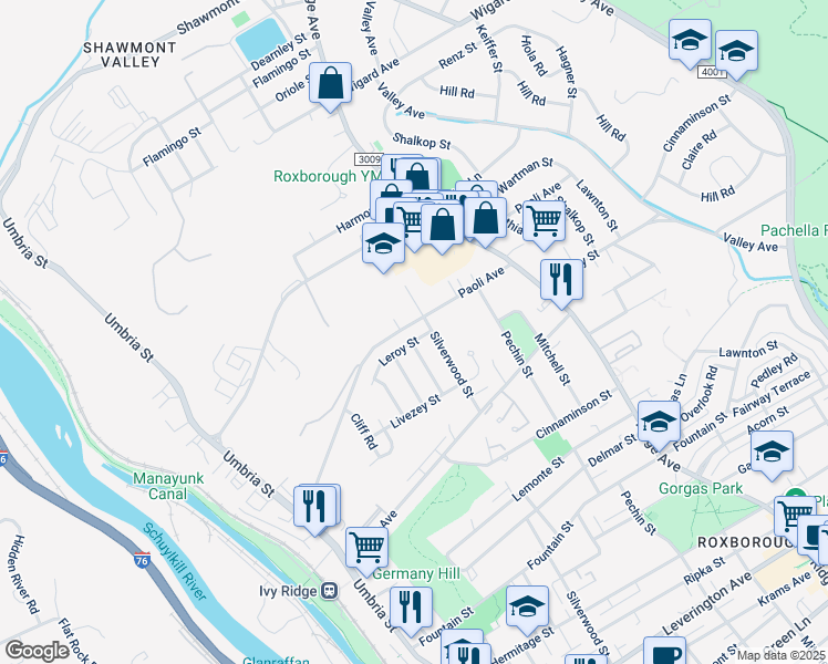 map of restaurants, bars, coffee shops, grocery stores, and more near 394 Leroy Street in Philadelphia