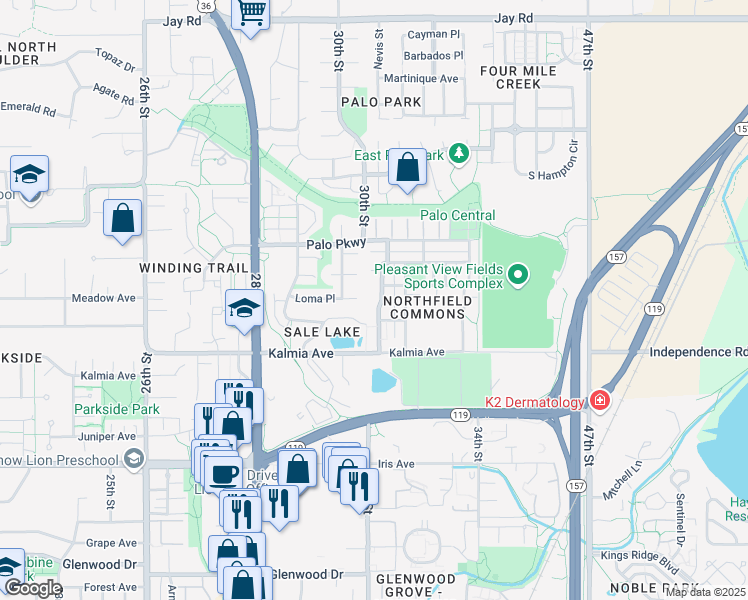 map of restaurants, bars, coffee shops, grocery stores, and more near 3709 Paonia Street in Boulder
