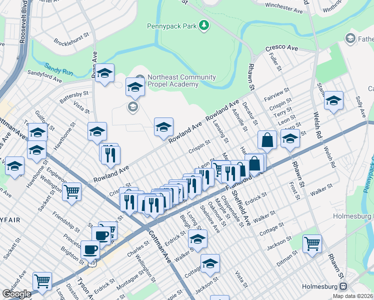 map of restaurants, bars, coffee shops, grocery stores, and more near 3310 Chippendale Street in Philadelphia