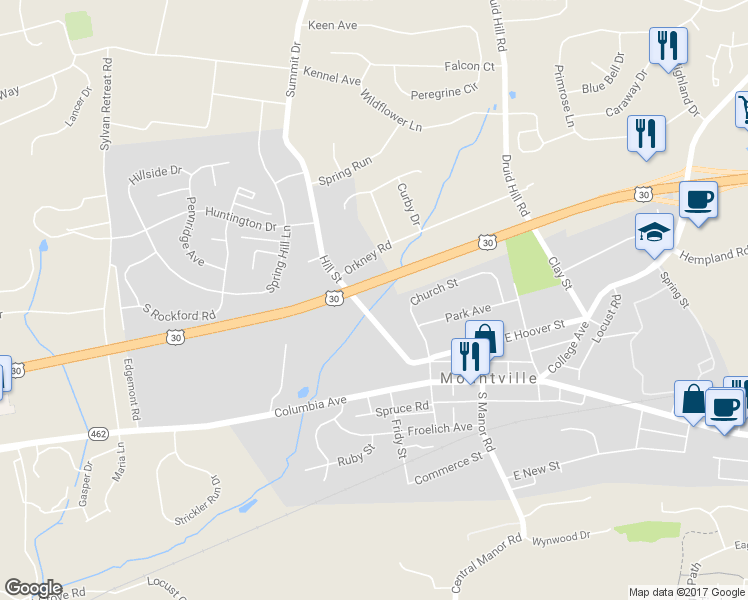 map of restaurants, bars, coffee shops, grocery stores, and more near 171 Hill Street in Mountville