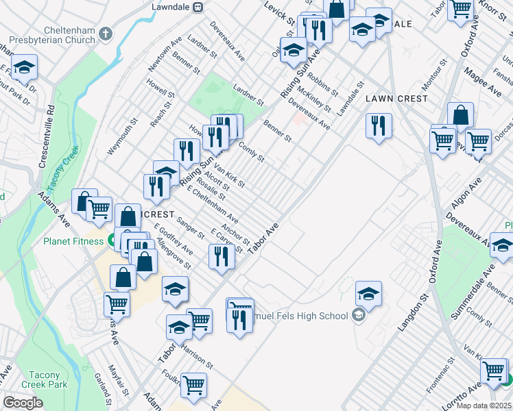 map of restaurants, bars, coffee shops, grocery stores, and more near 601 Alcott Street in Philadelphia