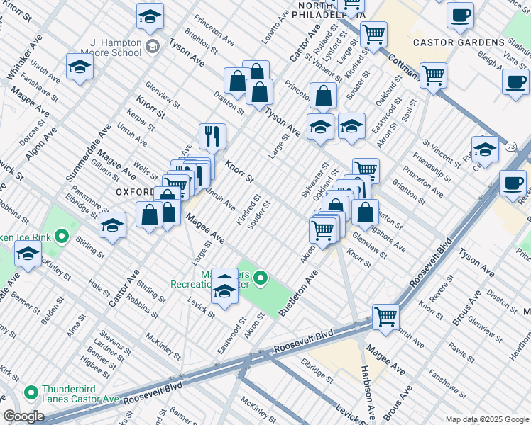 map of restaurants, bars, coffee shops, grocery stores, and more near 6723 Souder Street in Philadelphia