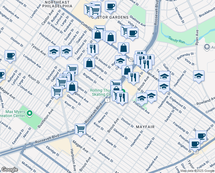 map of restaurants, bars, coffee shops, grocery stores, and more near 7047 Calvert St in Philadelphia