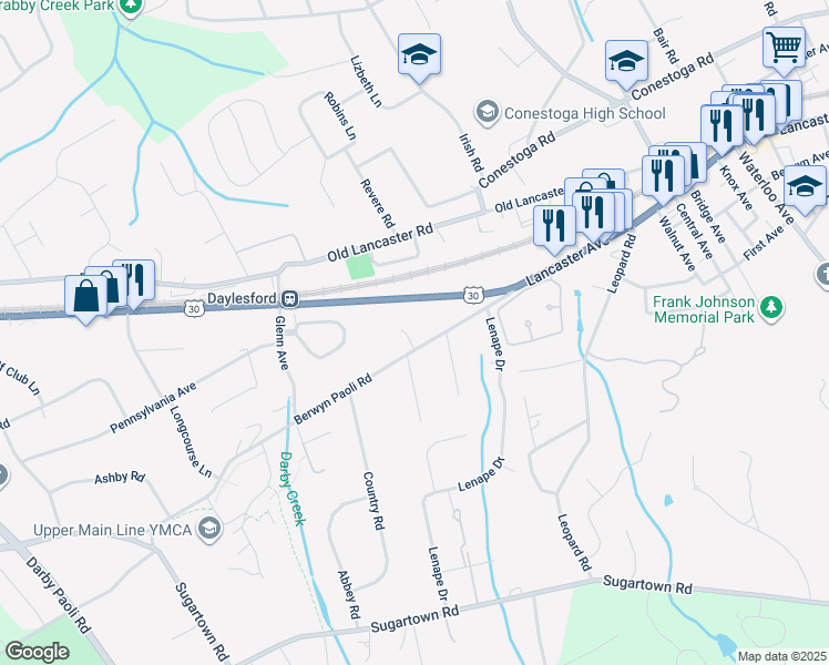 map of restaurants, bars, coffee shops, grocery stores, and more near 1247 Berwyn Paoli Road in Berwyn