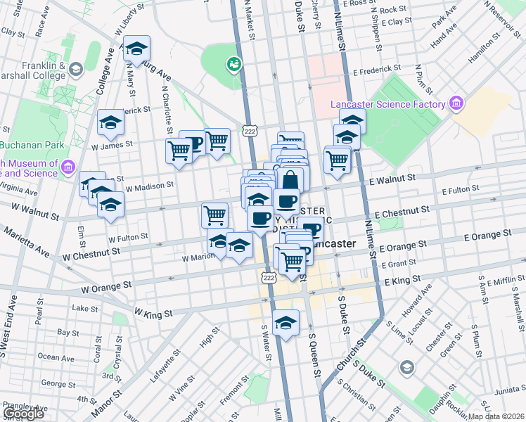 map of restaurants, bars, coffee shops, grocery stores, and more near in Lancaster