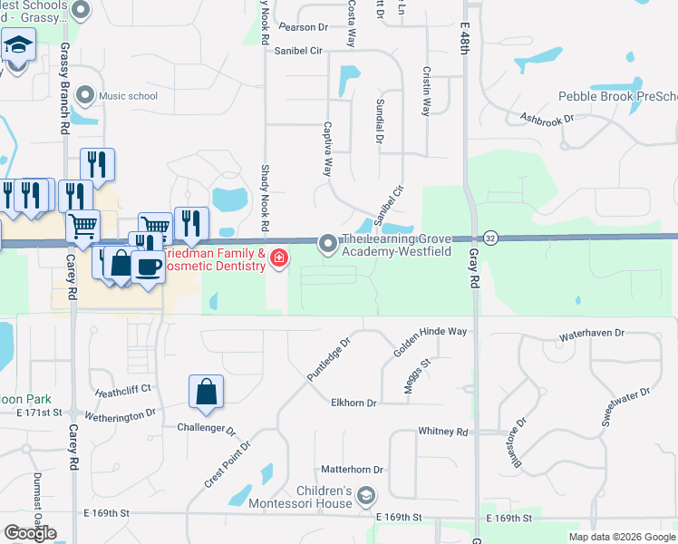 map of restaurants, bars, coffee shops, grocery stores, and more near 4301 Westfield Road in Noblesville