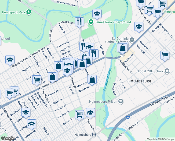 map of restaurants, bars, coffee shops, grocery stores, and more near 4103 Welsh Road in Philadelphia