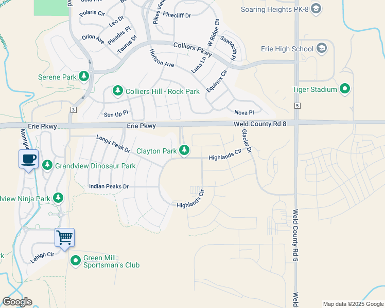map of restaurants, bars, coffee shops, grocery stores, and more near Weld County Road 8 in Erie