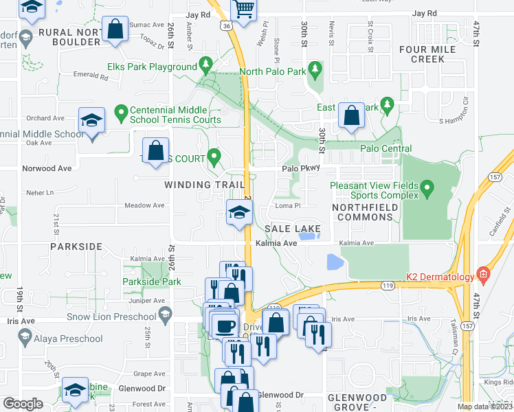 map of restaurants, bars, coffee shops, grocery stores, and more near 3701 Paseo del Prado in Boulder