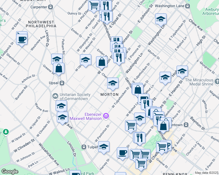 map of restaurants, bars, coffee shops, grocery stores, and more near 126 West Pomona Street in Philadelphia