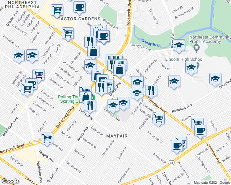 map of restaurants, bars, coffee shops, grocery stores, and more near 7221 Brous Avenue in Philadelphia