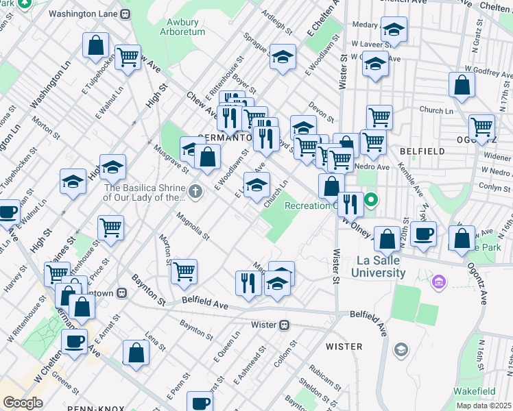 map of restaurants, bars, coffee shops, grocery stores, and more near 704 East Locust Avenue in Philadelphia