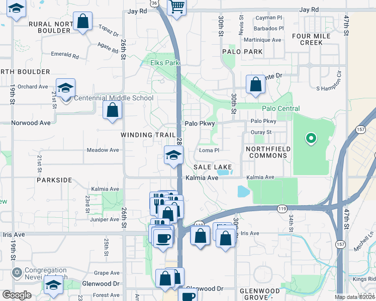 map of restaurants, bars, coffee shops, grocery stores, and more near 2800 Palo Parkway in Boulder