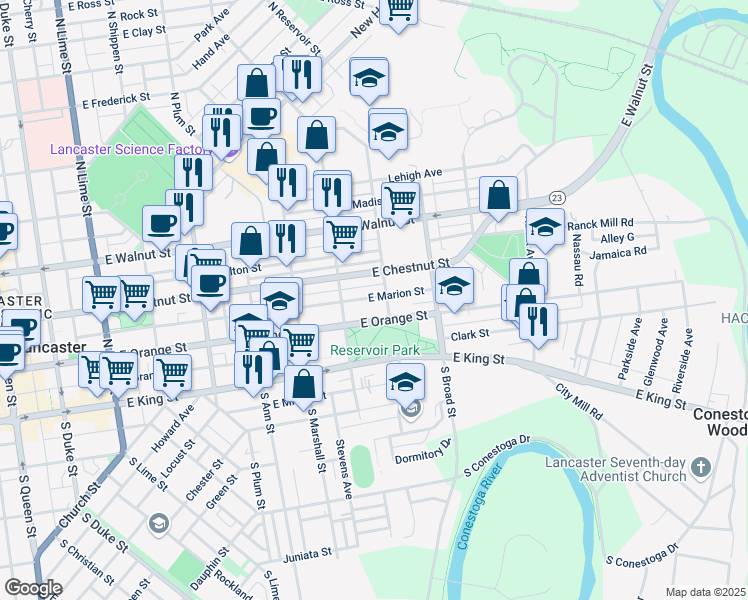 map of restaurants, bars, coffee shops, grocery stores, and more near 742 East Marion Street in Lancaster