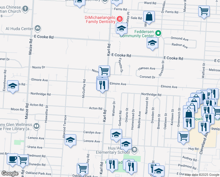 map of restaurants, bars, coffee shops, grocery stores, and more near 1441 Elmore Avenue in Columbus
