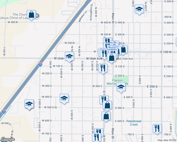 map of restaurants, bars, coffee shops, grocery stores, and more near 324 West 200 South in Payson