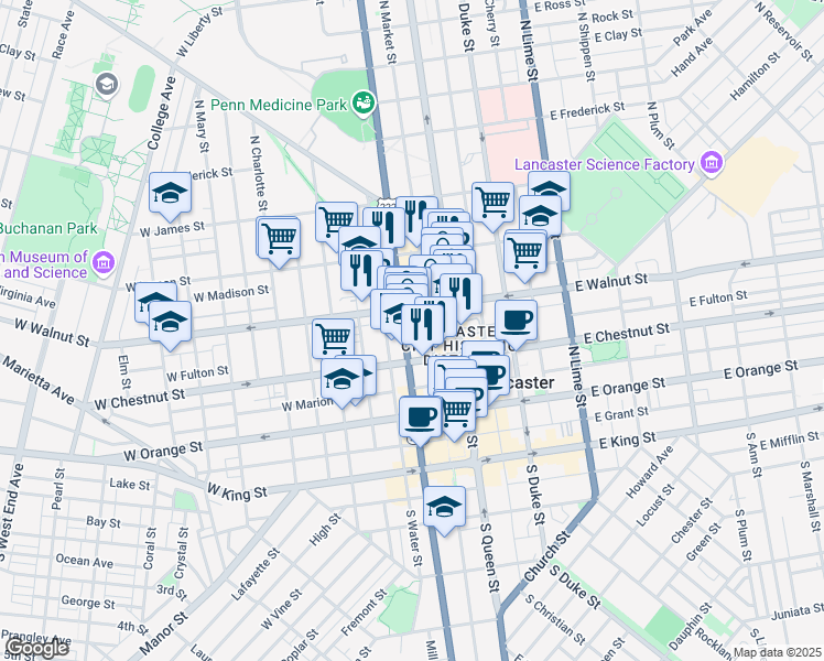 map of restaurants, bars, coffee shops, grocery stores, and more near in Lancaster