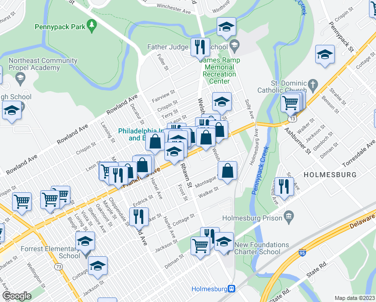 map of restaurants, bars, coffee shops, grocery stores, and more near 8016 Frankford Avenue in Philadelphia