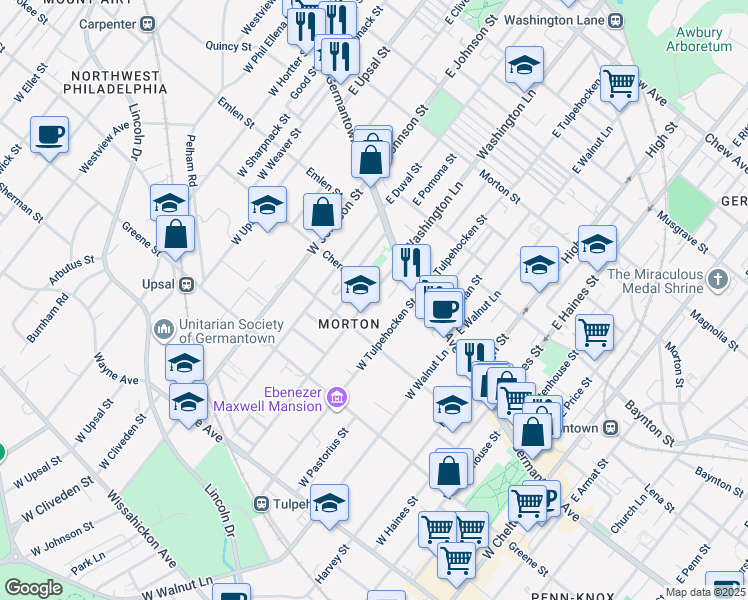 map of restaurants, bars, coffee shops, grocery stores, and more near 62 West Washington Lane in Philadelphia