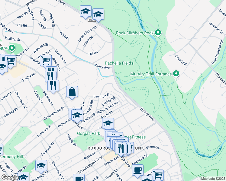 map of restaurants, bars, coffee shops, grocery stores, and more near 6464 Henry Avenue in Philadelphia