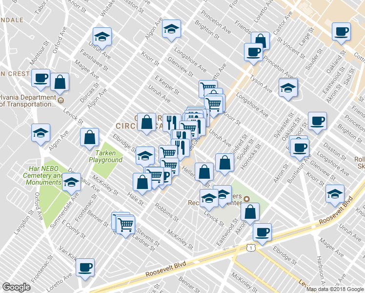 map of restaurants, bars, coffee shops, grocery stores, and more near 1435 Gilham Street in Philadelphia